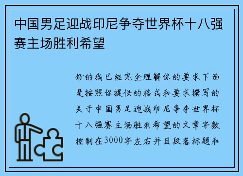 中国男足迎战印尼争夺世界杯十八强赛主场胜利希望